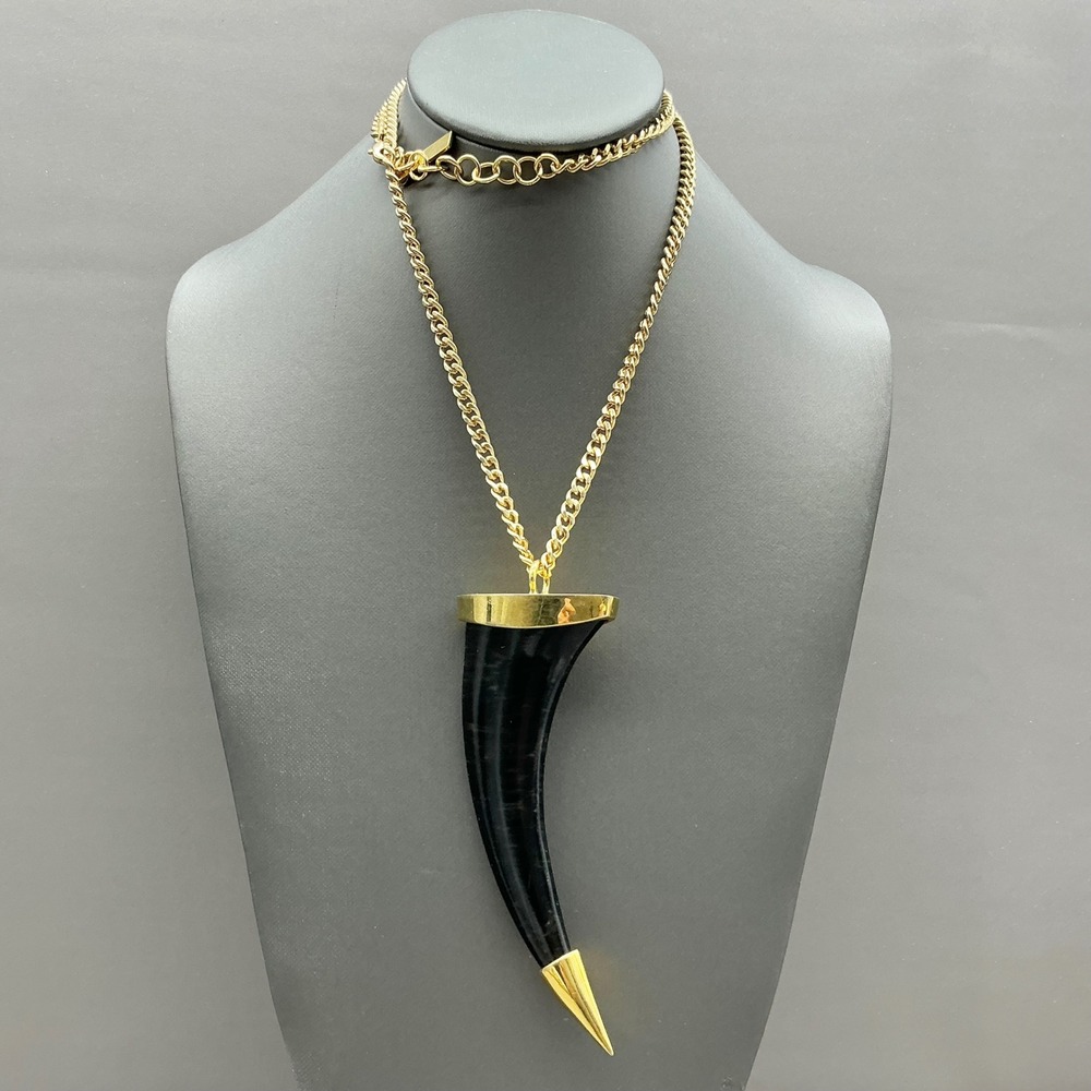 Vince Camuto Necklace Women Gold Black Horn Pendant Long Curb Chain Statement